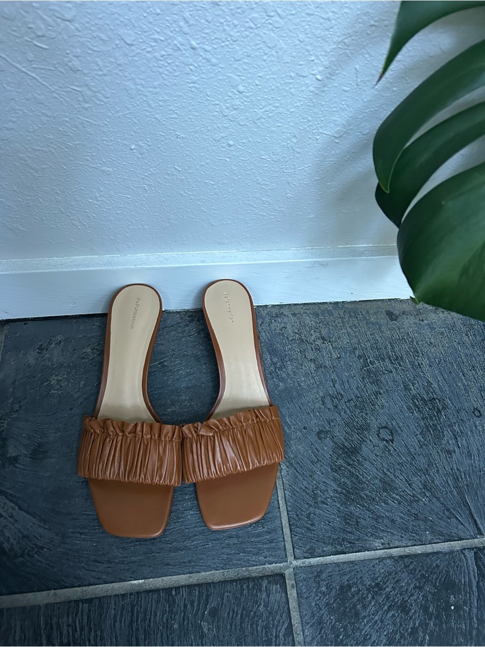 Reformation Tan Brown Ruched Slide Block Heeled Sandals - 11
